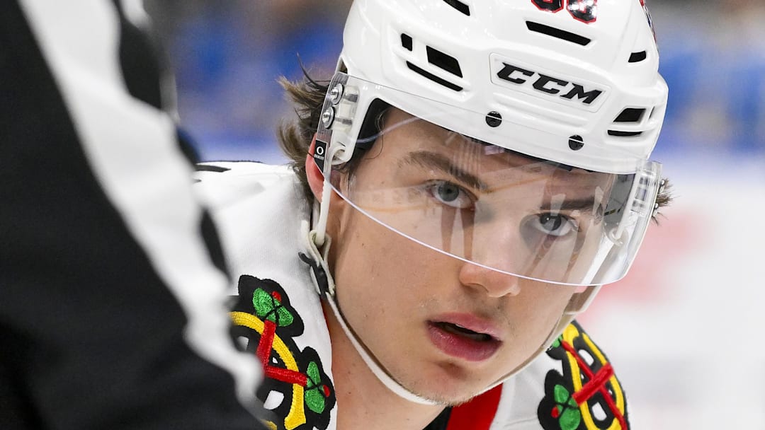 Dec 12, 2025; St. Louis, Missouri, USA; Chicago Blackhawks center Connor Bedard (98) looks on before a face off against the St. Louis Blues during the third period at Enterprise Center. Mandatory Credit: Jeff Curry-Imagn Images