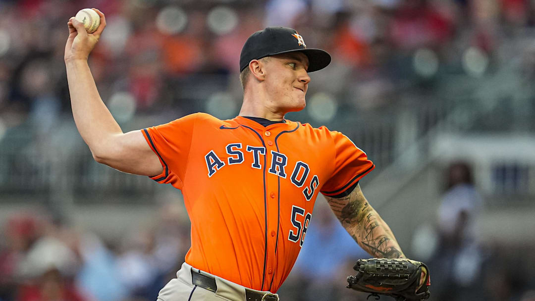 Houston Astros starting pitcher Hunter Brown (58) pitches against the Atlanta Braves during the first inning at Truist Park.