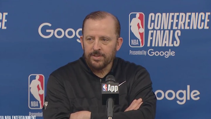 New York Knicks head coach Tom Thibodeau speaks with reporters on May 25, 2025. New York Knicks head coach Tom Thibodeau speaks with reporters on May 25, 2025.