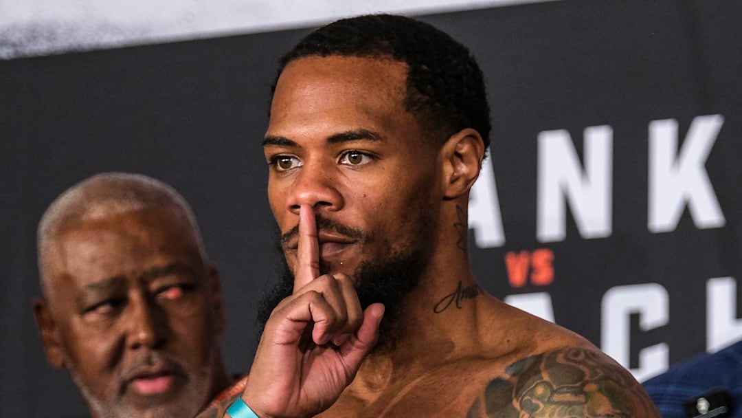 WBA Super Lightweight Champion Lamont Roach steps on the scale and makes weight on February 28, 2025.