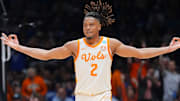 Tennessee guard Chaz Lanier (2) celebration after hitting a 3-point basket during the Sweet 16 game against Kentucky in the NCAA college basketball tournament on Friday, March 28, 2025, in Indianapolis, IN.