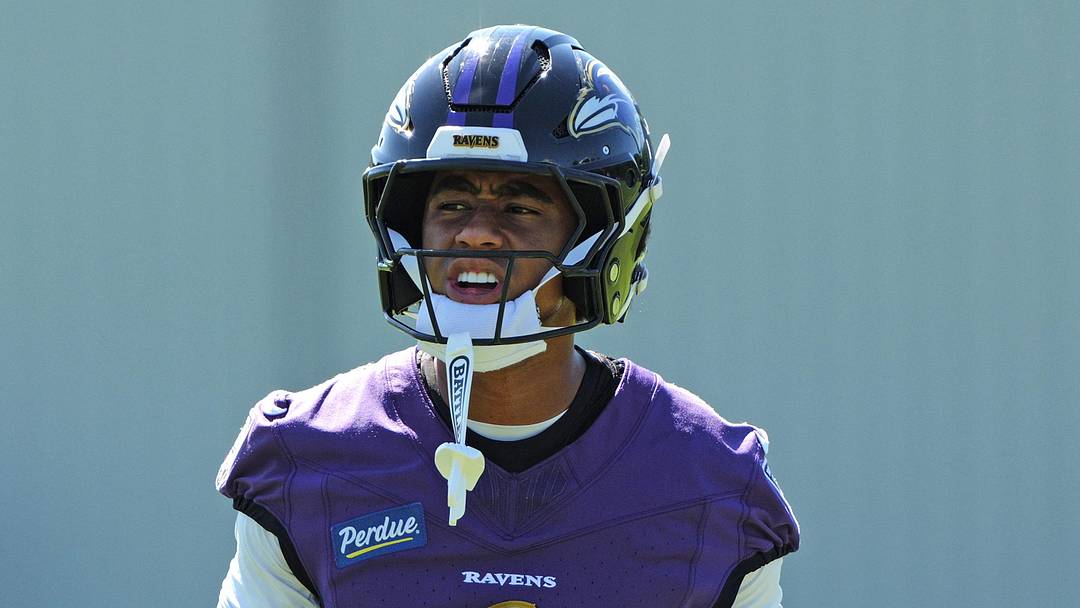Jul 30, 2026; Owings Mills, MD, USA; Baltimore Ravens wide receiver Ja’Kobi Lane (6) during practice at Under Armour Peformance Center. Mandatory Credit: Mitch Stringer-Imagn Images