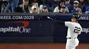 Oct 29, 2024; Bronx, New York, USA; New York Yankees outfielder Juan Soto (22) reacts after a strike out against the Los Angeles Dodgers in the sixth inning during game four of the 2024 MLB World Series at Yankee Stadium. 