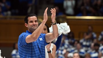 Dec 9, 2023; Durham, North Carolina, USA;  Duke Blue Devils new head football coach Manny Diaz is introduced to the crowd during the first half at Cameron Indoor Stadium. Mandatory Credit: Rob Kinnan-USA TODAY Sports