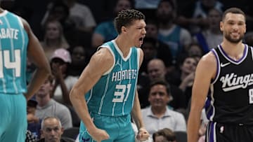 Apr 4, 2025; Charlotte, North Carolina, USA; Charlotte Hornets forward Tidjane Salaun (31) reacts to his three point play against the Sacramento Kings during the second quarter at Spectrum Center. Mandatory Credit: Jim Dedmon-Imagn Images