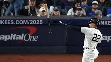 Oct 29, 2024; Bronx, New York, USA; New York Yankees outfielder Juan Soto (22) reacts after a strike out against the Los Angeles Dodgers in the sixth inning during game four of the 2024 MLB World Series at Yankee Stadium. 