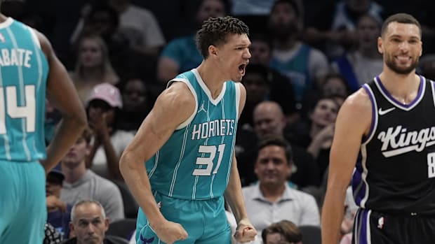 Charlotte Hornets forward Tidjane Salaun (31) reacts to his three point play against the Sacramento Kings during the second q