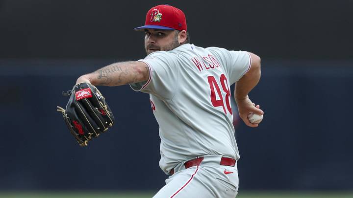 Mar 14, 2026; Tampa, Florida, USA; Philadelphia Phillies starting pitcher Bryse Wilson (48) throws a pitch against the New York Yankees in the second inning during spring training at George M. Steinbrenner Field. Mandatory Credit: Nathan Ray Seebeck-Imagn Images