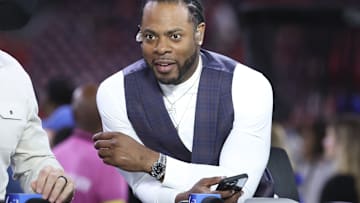 Nov 20, 2025; Houston, Texas, USA; Television analyst Richard Sherman looks on before the game between the Houston Texans and the Buffalo Bills at NRG Stadium.