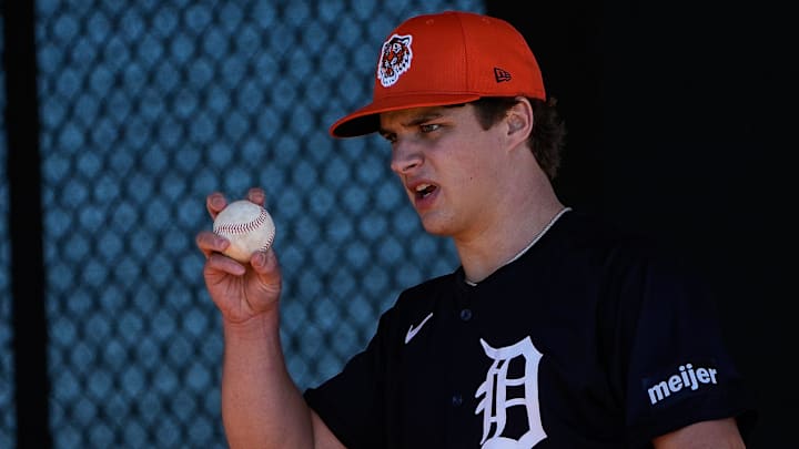 Detroit Tigers pitcher Jackson Jobe throws a pitch during spring training at TigerTown in Lakeland, Fla. on Monday, Feb. 17, 2025.