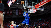BYU center Keba Keita goes up for alley-oop dunk against Utah