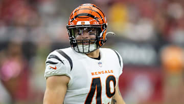Oct 8, 2023; Glendale, Arizona, USA; Cincinnati Bengals linebacker Joe Bachie (49) against the Arizona Cardinals at State Farm Stadium. Mandatory Credit: Mark J. Rebilas-Imagn Images