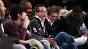 Feb 7, 2023; Brooklyn, New York, USA; Brooklyn Nets owner Joe Tsai looks on during the first half of the game between the Nets and the Phoenix Suns at Barclays Center. Mandatory Credit: Vincent Carchietta-Imagn Images