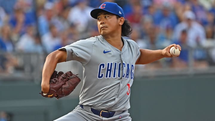 Jul 27, 2024; Kansas City, Missouri, USA;  Chicago Cubs starting pitcher Shota Imanaga (18) delivers a pitch in the first inning against the Kansas City Royals at Kauffman Stadium.