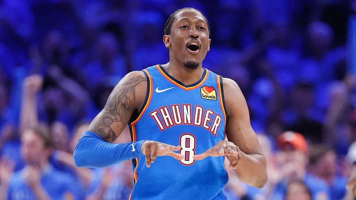 May 18, 2026; Oklahoma City, Oklahoma, USA; Oklahoma City Thunder forward Jalen Williams (8) reacts to a shot by  forward Luguentz Dort (5) in the third quarter against San Antonio Spurs during game one of the western conference finals for the 2026 NBA playoffs at Paycom Center. Mandatory Credit: Alonzo Adams-Imagn Images