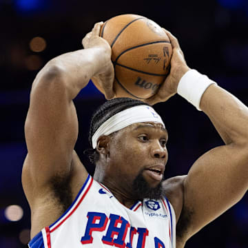 Jan 15, 2025; Philadelphia, Pennsylvania, USA; Philadelphia 76ers forward Guerschon Yabusele (28) in action against the New York Knicks during the fourth quarter at Wells Fargo Center. Mandatory Credit: Bill Streicher-Imagn Images