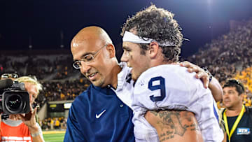 Sep 23, 2017; Iowa City, IA, USA; Penn State Nittany Lions head coach James Franklin celebrates with quarterback Trace McSorley (9) after the game against the Iowa Hawkeyes at Kinnick Stadium. Penn State won 21-19. Mandatory Credit: Jeffrey Becker-Imagn Images
