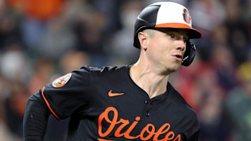 Apr 2, 2025; Baltimore, Maryland, USA; Baltimore Orioles outfielder Tyler O'Neill (9) runs to first base during the sixth inning against the Boston Red Sox at Oriole Park at Camden Yards