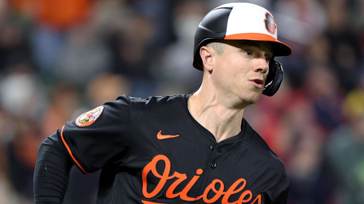 Apr 2, 2025; Baltimore, Maryland, USA; Baltimore Orioles outfielder Tyler O'Neill (9) runs to first base during the sixth inning against the Boston Red Sox at Oriole Park at Camden Yards Apr 2, 2025; Baltimore, Maryland, USA; Baltimore Orioles outfielder Tyler O'Neill (9) runs to first base during the sixth inning against the Boston Red Sox at Oriole Park at Camden Yards