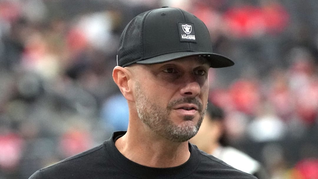 Jan 4, 2026; Paradise, Nevada, USA; Las Vegas Raiders general manager John Spytek reacts during the game against the Kansas City Chiefs at Allegiant Stadium. Mandatory Credit: Kirby Lee-Imagn Images