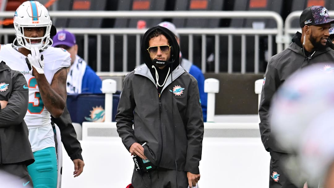 Oct 19, 2025; Cleveland, Ohio, USA; Miami Dolphins head coach Mike McDaniel watches from the sidelines during the second half against the Cleveland Browns at Huntington Bank Field. Mandatory Credit: Ken Blaze-Imagn Images