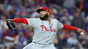 Oct 8, 2024; New York City, New York, USA; Philadelphia Phillies pitcher Jose Alvarado (46) pitches in the seventh inning against the New York Mets during game three of the NLDS for the 2024 MLB Playoffs at Citi Field.
