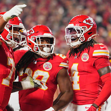 Oct 27, 2025; Kansas City, Missouri, USA; Kansas City Chiefs running back Kareem Hunt (29) celebrates after scoring a touchdown against the Washington Commanders during the second quarter of the game at GEHA Field at Arrowhead Stadium. Mandatory Credit: Jay Biggerstaff-Imagn Images