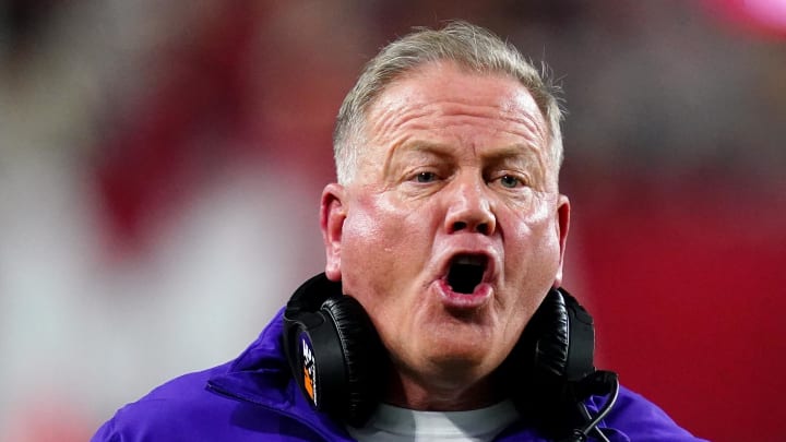 Nov 4, 2023; Tuscaloosa, Alabama, USA; LSU Tigers head coach Brian Kelly yells to a side judge during the second half against the Alabama Crimson Tide at Bryant-Denny Stadium. Alabama Crimson Tide defeated the LSU Tigers 42-28. Mandatory Credit: John David Mercer-USA TODAY Sports