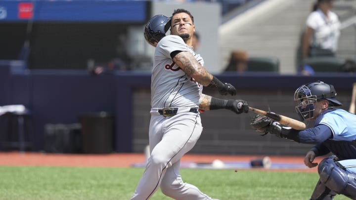 Jul 21, 2024; Toronto, Ontario, CAN; Detroit Tigers shortstop Javier Baez loses his batting helmet after striking out.