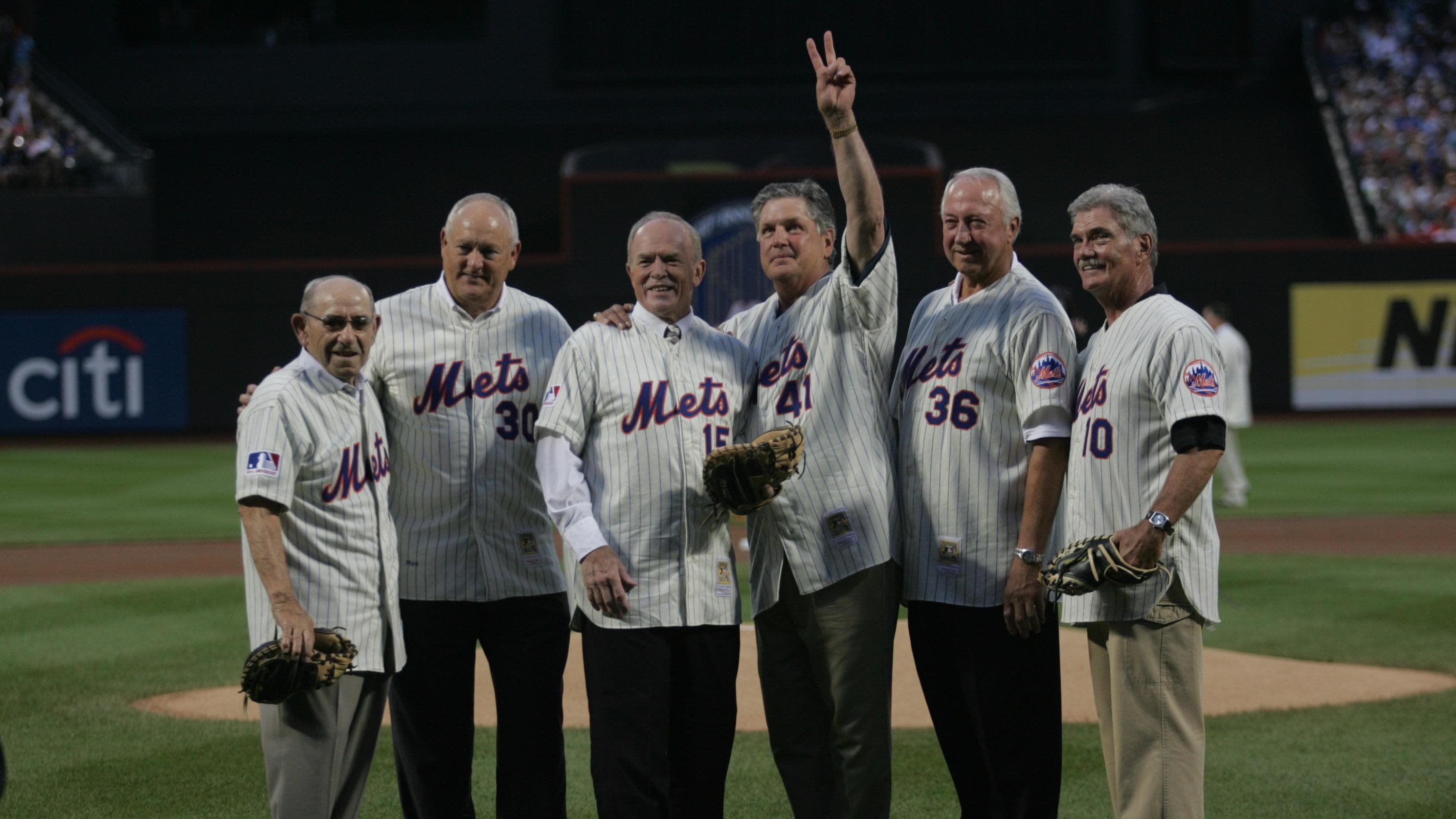 August 22, 2009; Queens, NY, USA; Former NY Mets Yogi Berra, Nolan Ryan, Jerry Grote, Tom Seaver and Jerry Koosman.