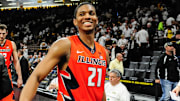 Feb 18, 2017; Iowa City, IA, USA; Illinois Fighting Illini guard Malcolm Hill (21) celebrates after the game against the Iowa Hawkeyes at Carver-Hawkeye Arena. Illinois won 70-66. Mandatory Credit: Jeffrey Becker-Imagn Images