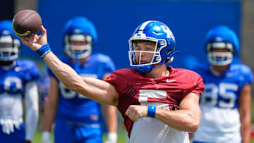 Kentucky Wildcat quarterback Zach Calzada throws during practice on Friday, August 1, 2025.