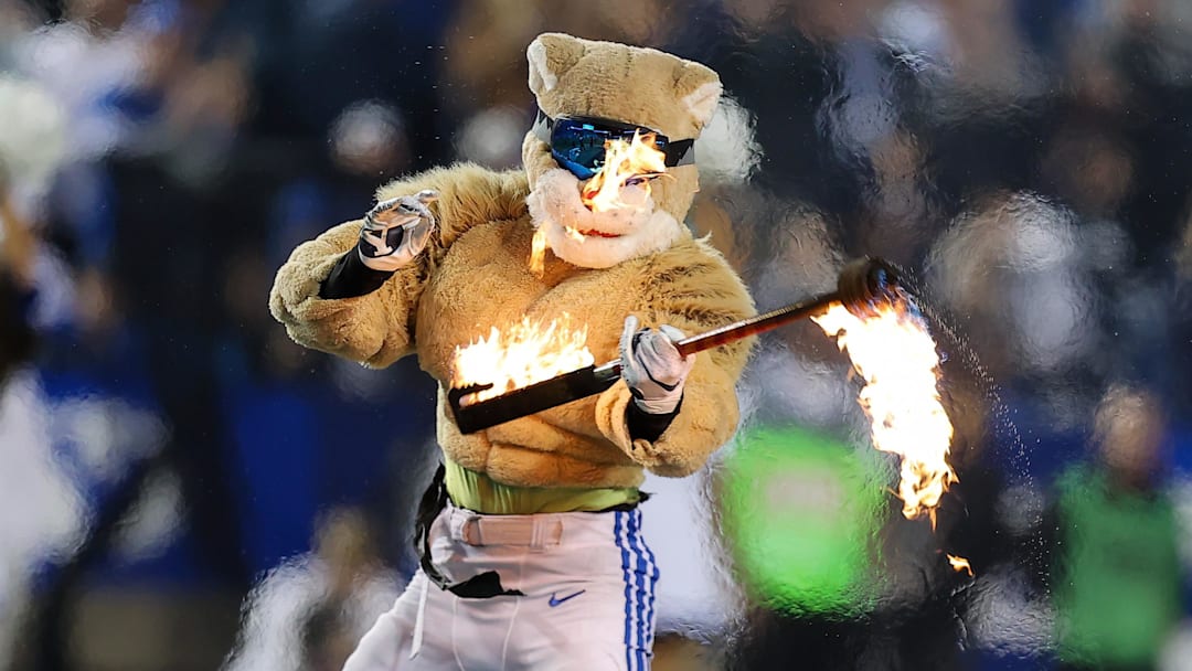 Oct 21, 2023; Provo, Utah, USA; Cosmo the Brigham Young Cougars mascot performs in the second half against the Texas Tech Red Raiders at LaVell Edwards Stadium. Mandatory Credit: Rob Gray-Imagn Images