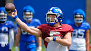 Kentucky Wildcat quarterback Zach Calzada throws during SEC practice before the 2025 college football season.