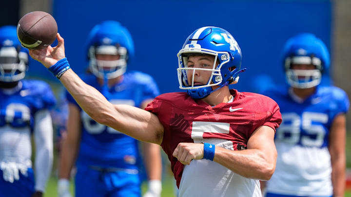 Kentucky Wildcat quarterback Zach Calzada throws during SEC practice before the 2025 college football season.