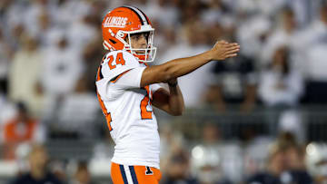 Sep 28, 2024; University Park, Pennsylvania, USA; Illinois Fighting Illini kicker David Olano (24) lines up a field goal kick during the second quarter against the Penn State Nittany Lions at Beaver Stadium. Mandatory Credit: Matthew O'Haren-Imagn Images