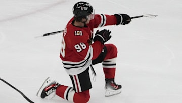 Oct 28, 2025; Chicago, Illinois, USA; Chicago Blackhawks center Connor Bedard (98) celebrates his hat trick against the Ottawa Senators during the third period at United Center. Mandatory Credit: David Banks-Imagn Images