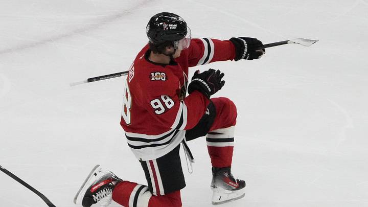 Oct 28, 2025; Chicago, Illinois, USA; Chicago Blackhawks center Connor Bedard (98) celebrates his hat trick against the Ottawa Senators during the third period at United Center. Mandatory Credit: David Banks-Imagn Images