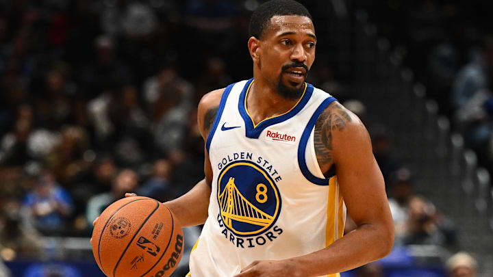 Mar 16, 2026; Washington, District of Columbia, USA; Golden State Warriors guard De'anthony Melton (8) advances the ball against the Washington Wizards during the second half at Capital One Arena. Mandatory Credit: Brad Mills-Imagn Images