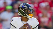 Baltimore Ravens quarterback Lamar Jackson drops back to pass during the first half against the Kansas City Chiefs.