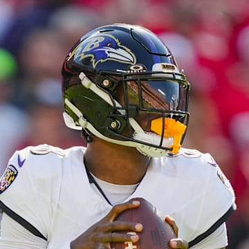 Baltimore Ravens quarterback Lamar Jackson drops back to pass during the first half against the Kansas City Chiefs.