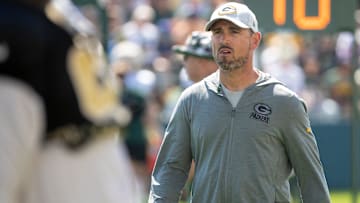 Green Bay Packers head coach Matt LaFleur looks at the sideline during training camp at Ray Nitschke Field.