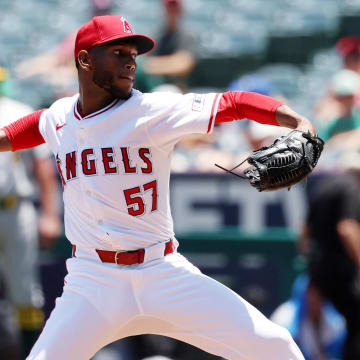 Jun 26, 2024; Anaheim, California, USA;  Los Angeles Angels starting pitcher Roansy Contreras (57) throws against the Oakland Athletics during the first inning at Angel Stadium. Mandatory Credit: Kiyoshi Mio-USA TODAY Sports