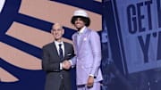Jun 25, 2025; Brooklyn, NY, USA;  Asa Newell stands with NBA commissioner Adam Silver after being selected as the 23rd pick by the New Orleans Pelicans in the first round of the 2025 NBA Draft at Barclays Center. Mandatory Credit: Brad Penner-Imagn Images