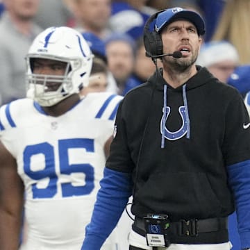 Dec 22, 2024; Indianapolis, Indiana, USA; Indianapolis Colts head coach Shane Steichen reacts to a penalty call  during a game against the Tennessee Titans at Lucas Oil Stadium. Mandatory Credit: Christine Tannous/USA Today Network via Imagn Images 
