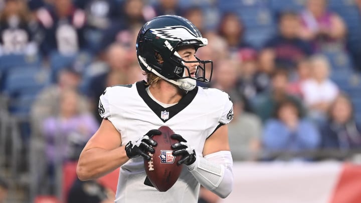 Aug 15, 2024; Foxborough, MA, USA; Philadelphia Eagles quarterback Kenny Pickett (7) looks to pass against the New England Patriots during the first half at Gillette Stadium.