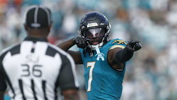 Dec 15, 2024; Jacksonville, Florida, USA; Jacksonville Jaguars wide receiver Brian Thomas Jr. (7) motions for first down against the New York Jets during the third quarter  at EverBank Stadium. Mandatory Credit: Morgan Tencza-Imagn Images