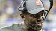 Oct 20, 2025; Detroit, Michigan, USA; Tampa Bay Buccaneers head coach Todd Bowles reacts during the first half at Ford Field. Mandatory Credit: David Reginek-Imagn Images