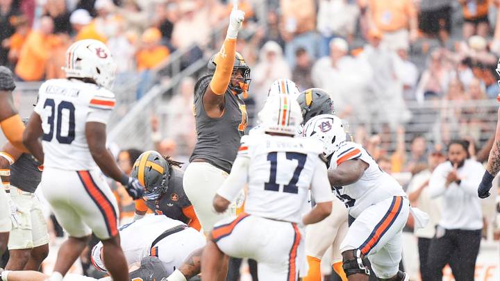 Tennessee defensive lineman Ethan Utley (17) celebrates a turnover during a game between Tennessee and Auburn in Neyland Stadium in Knoxville, Tennessee, Oct. 3, 2026.