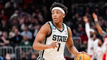 Michigan State guard Jeremy Fears Jr. (1) dribbles against Ole Miss during the second half of the Sweet 16 round of NCAA tournament at State Farm Arena in Atlanta, Ga. on Friday, March 28, 2025.
